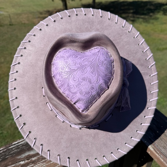 Dusty Lavender Burned Hat, Heart Hat, Whipstitched Tooled Leather
